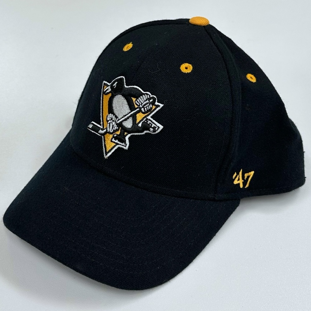 Pittsburgh Penguins NHL ‘47 Brand Stretch Fitted Dad Hat Black Hockey Yellow